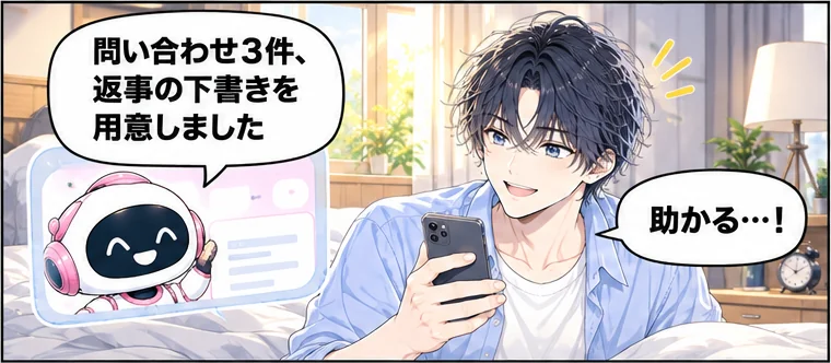 朝、スマホの中のAI秘書が報告する。秘書「問い合わせ3件、返事の下書きを用意しました」社長「助かる…！」
