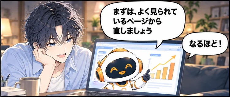 夜、マーケ担当がグラフを指して提案する。マーケ担当「まずは、よく見られているページから直しましょう」社長「なるほど！」