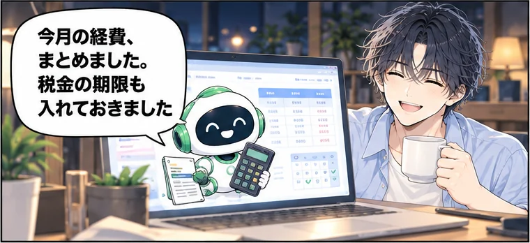 夜、コーヒーを飲む社長に経理担当が報告する「今月の経費、まとめました。税金の期限も入れておきました」