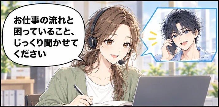 スネッケの担当者が電話で社長の話を聞く「お仕事の流れと困っていること、じっくり聞かせてください」