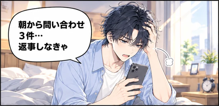 朝、スマホの通知を見て頭をかく社長「朝から問い合わせ3件…返事しなきゃ」