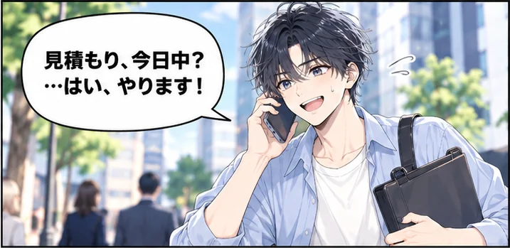 昼、外回り中に電話を受ける社長「見積もり、今日中？…はい、やります！」