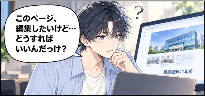 夕方、最終更新が1年前の自社サイトを前に首をかしげる社長「このページ、編集したいけど…どうすればいいんだっけ？」