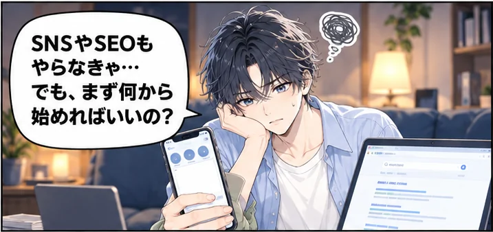 夜、スマホとパソコンを前に途方に暮れる社長「SNSやSEOもやらなきゃ…でも、まず何から始めればいいの？」