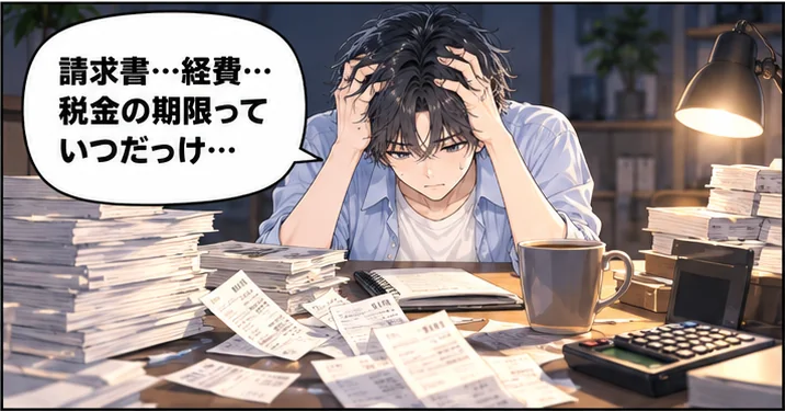 深夜、レシートと請求書の山の前で頭を抱える社長「請求書…経費…税金の期限っていつだっけ…」
