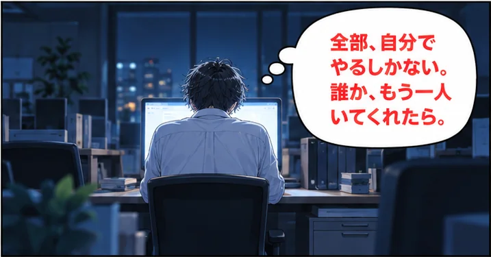 深夜、誰もいない事務所でひとり座る社長の後ろ姿「全部、自分でやるしかない。誰か、もう一人いてくれたら。」
