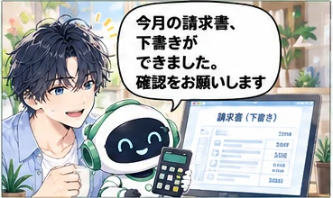 経理担当の活用「請求書の下書き」。経理担当「今月の請求書、下書きができました。確認をお願いします」