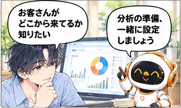マーケ担当の活用「サイトの流入を分析できる環境づくり」。社長「お客さんがどこから来てるか知りたい」／マーケ担当「分析の準備、一緒に設定しましょう」