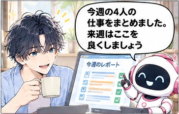 秘書の活用「運用がうまく回る仕組み作り」。秘書「今週の4人の仕事をまとめました。来週はここを良くしましょう」