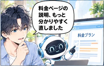 Web担当の活用「ページの文章の手直し」。Web担当「料金ページの説明、もっと分かりやすく直しました」