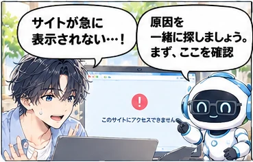 Web担当の活用「サーバー・ドメインのトラブル相談」。社長「サイトが急に表示されない…！」／Web担当「原因を一緒に探しましょう。まず、ここを確認」