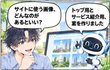 Web担当の活用「サイトに使う画像の作成」。社長「サイトに使う画像、どんなのがあるといい？」／Web担当「トップ用とサービス紹介用、案を作りました」