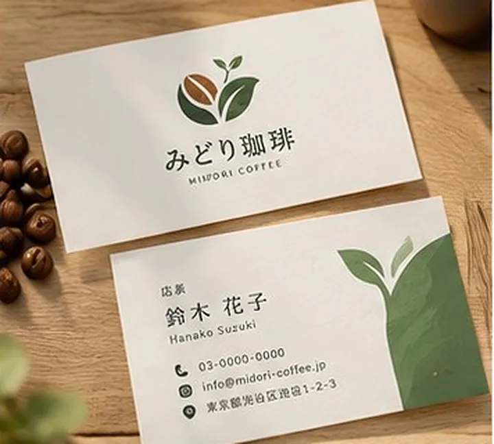 架空のカフェ「みどり珈琲」の名刺（表と裏）のサンプル