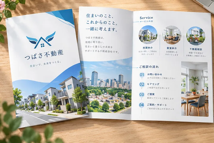 架空の不動産会社「つばさ不動産」のA4・2つ折りパンフレット（表紙と中面）のサンプル