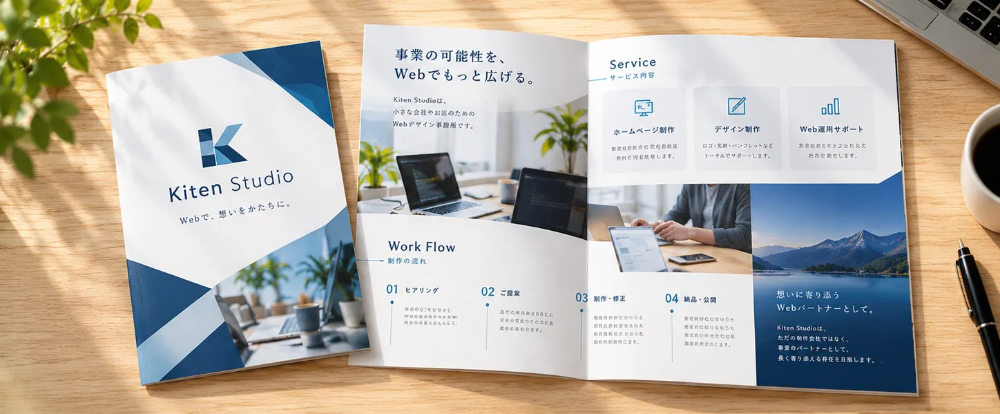 架空のWebデザイン事務所「Kiten Studio」のA4・2つ折りパンフレット（表紙と中面）のサンプル