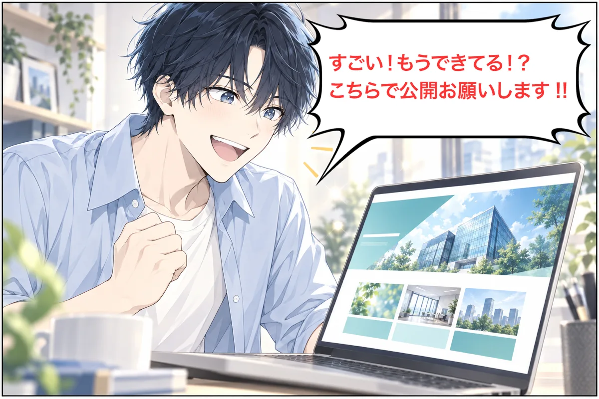 完成したホームページをノートパソコンで見て喜ぶ社長。「すごい！　もうできてる！？　こちらで公開お願いします！！」