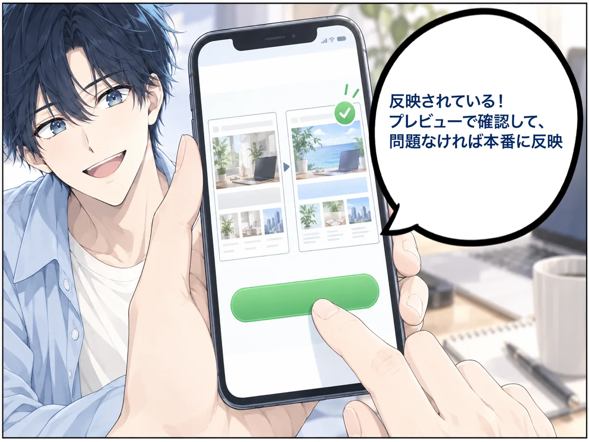 スマートフォンの画面で変更前と変更後を見比べる社長。「反映されている！　プレビューで確認して、問題なければ本番に反映！」